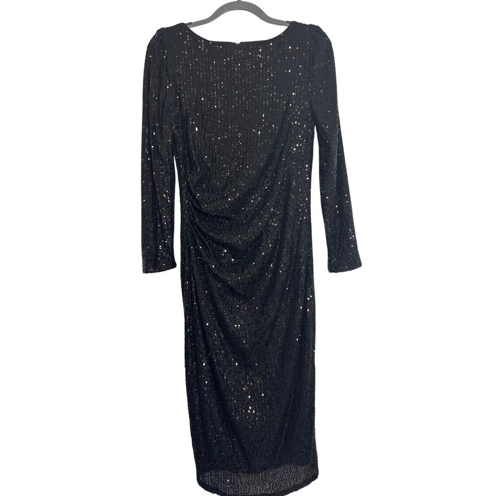 NWT Nanette Lepore Size 8 Black Long Sleeve Scoop Neck Ruched Side Sequin Dress